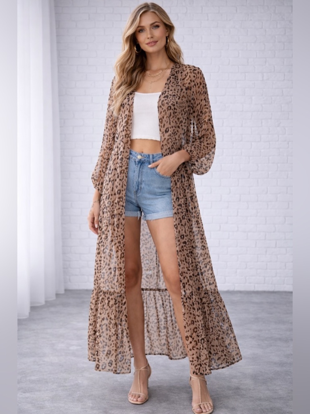 Womens L Leopard Print Long Duster Kimono Open Front Boho Maxi Cardigan
